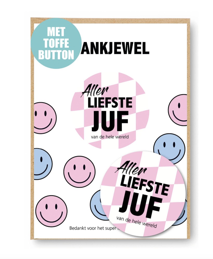 Postkaart Button Dankjewel Allerliefst Juf